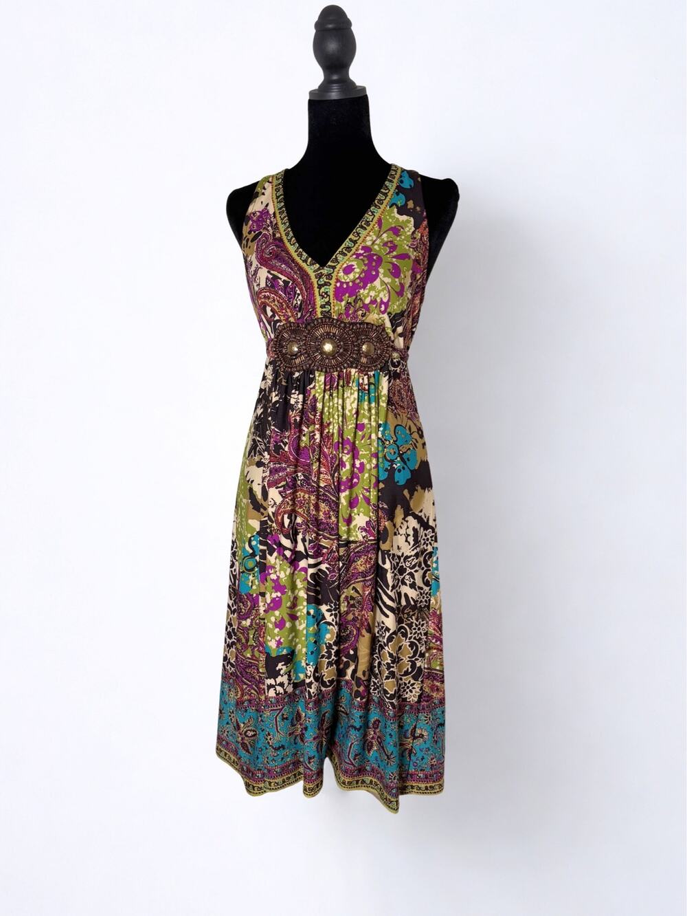 Vtg Y2K ICE Green Purple Paisley Tieback Babydoll Midi Dress Gold Wood Beading